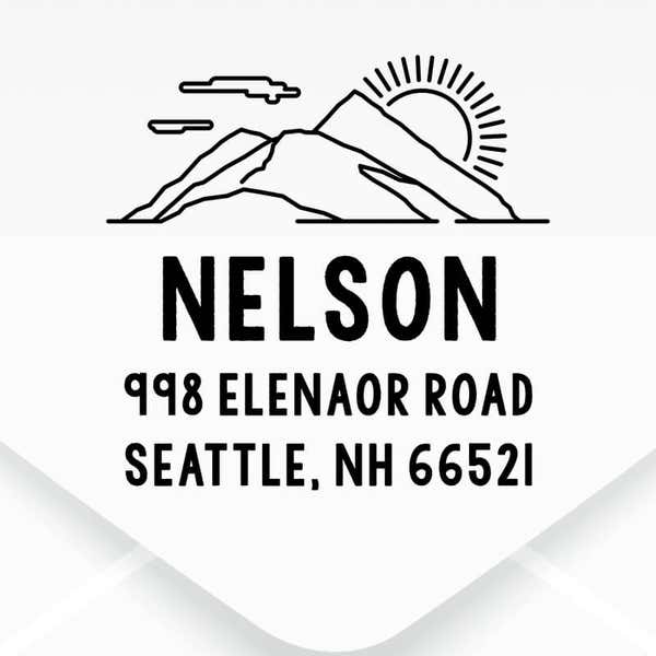 Mountain Custom Return Address Stamp design close up on an envelope