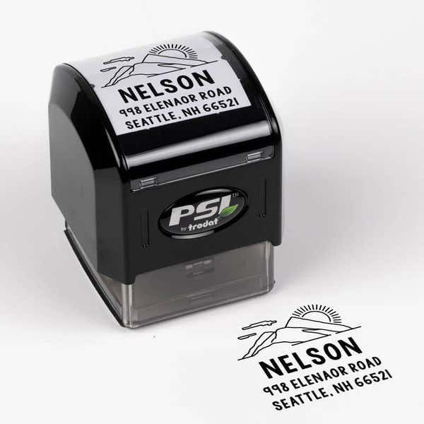 Mountain Custom Return Address Stamp impression next to pre inked stamp body