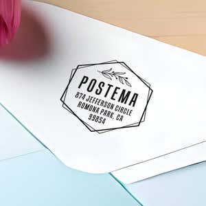 Offset Hexagon Custom Return Address Stamp impression close up on envelope