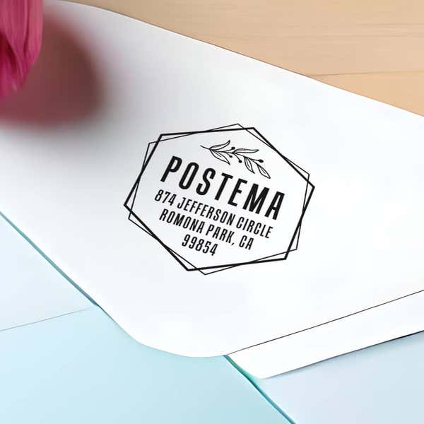 Offset Hexagon Custom Return Address Stamp impression close up on envelope