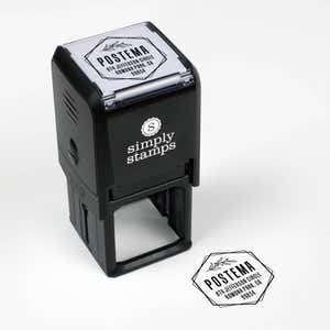 Offset Hexagon Custom Return Address Stamp impression next to self inking stamp body