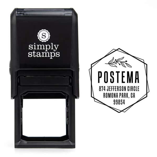 Offset Hexagon Custom Return Address Stamp design over self inking stamp body