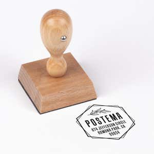 Offset Hexagon Custom Return Address Stamp impression next to european stamp body