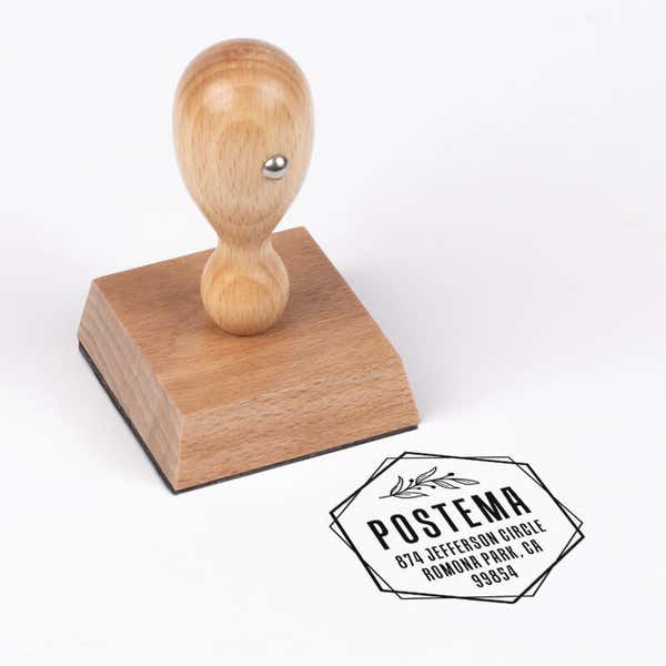 Offset Hexagon Custom Return Address Stamp impression next to european stamp body