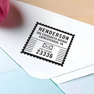 Mail Postal Design Custom Return Address Stamp impression close up on envelope
