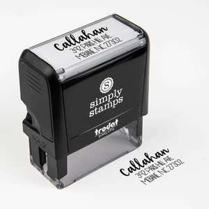 Fully Customizable Script Name Return Address Stamp impression next to self inking stamp body