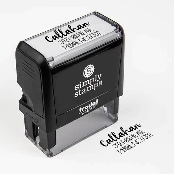 Fully Customizable Script Name Return Address Stamp impression next to self inking stamp body