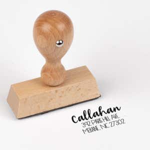Fully Customizable Script Name Return Address Stamp impression next to european stamp body