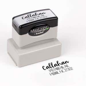 Fully Customizable Script Name Return Address Stamp impression next to pre inked stamp body