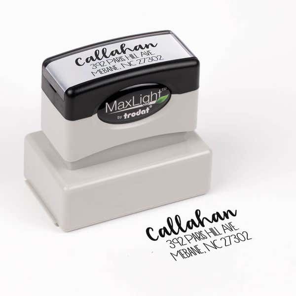 Fully Customizable Script Name Return Address Stamp impression next to pre inked stamp body