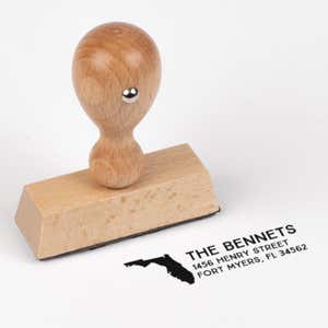Select Your State Custom Return Address Stamp impression next to european stamp body