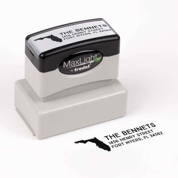 Select Your State Custom Return Address Stamp impression next to pre inked stamp body