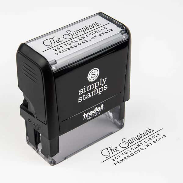 Sampson Script Return Address Stamp impression next to self inking stamp body