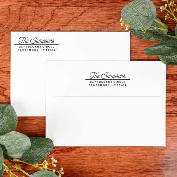Sampson Script Return Address Stamp on front and back of two envelopes