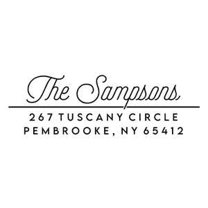 Sampson Script Return Address Stamp design on white background