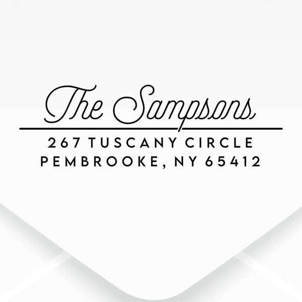 Sampson Script Return Address Stamp design, close up on an envelope