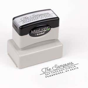 Sampson Script Return Address Stamp impression next to pre inked stamp body