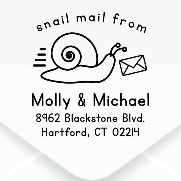 Snail Mail Custom Return Address Stamp design close up on an envelope
