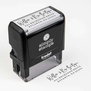 Philip Script Custom Return Address Stamp impression next to self inking stamp body