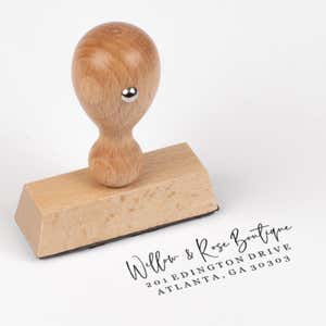 Philip Script Custom Return Address Stamp impression next to european stamp body