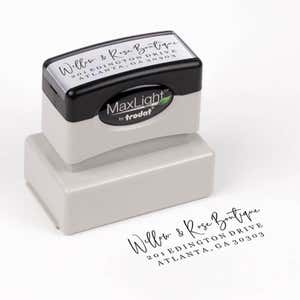 Philip Script Custom Return Address Stamp impression next to pre inked stamp body