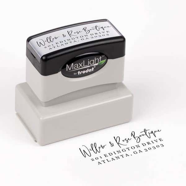 Philip Script Custom Return Address Stamp impression next to pre inked stamp body