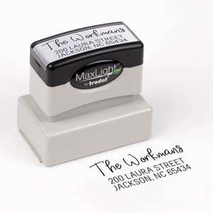 Workman Address Stamp impression next to pre inked stamp body