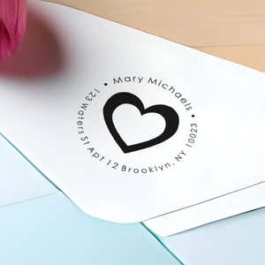 Michaels Heart Round Address Stamp impression close up on envelope