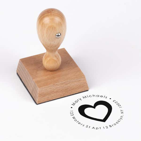 Michaels Heart Round Address Stamp impression next to european stamp body