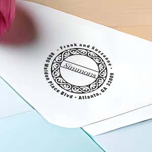 Simmons Return Address Stamp impression close up on envelope