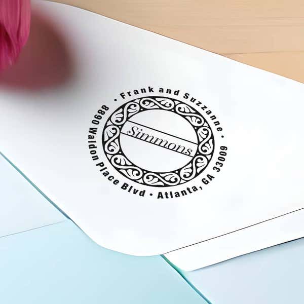 Simmons Return Address Stamp impression close up on envelope