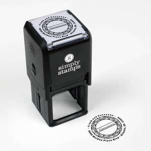 Simmons Return Address Stamp impression next to self inking stamp body