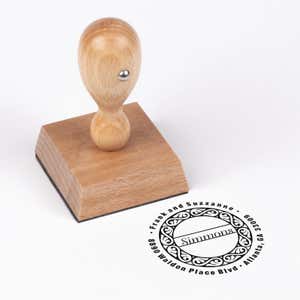 Simmons Return Address Stamp impression next to european stamp body