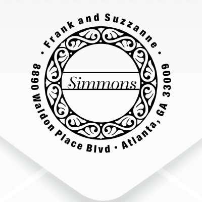 Simmons Return Address Stamp design close up on an envelope