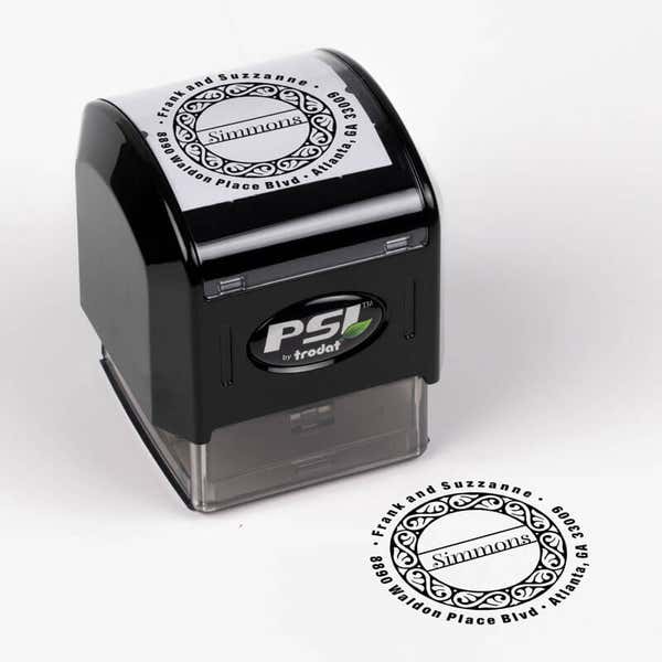 Simmons Return Address Stamp impression next to pre inked stamp body