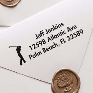 Golfer Address Stamp impression close up on white envelope
