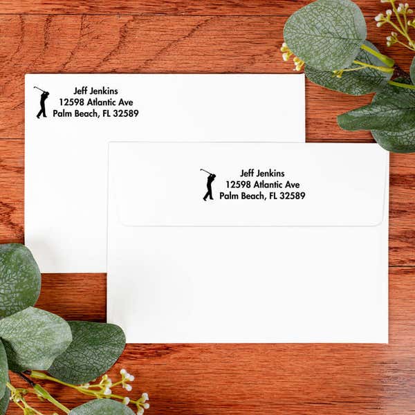 Golfer Address Stamp on front and back of two envelopes