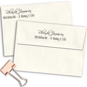Jamison Cursive Address Stamp Imprint Examples on Envelopes