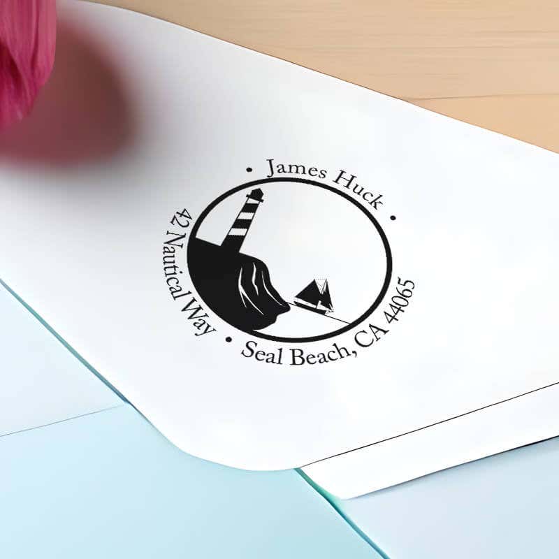 Nautical Lighthouse with Ship Round Address Stamp impression close up on envelope