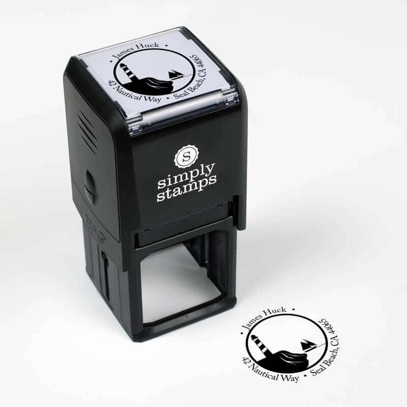 Nautical Lighthouse with Ship Round Address Stamp impression next to self inking stamp body