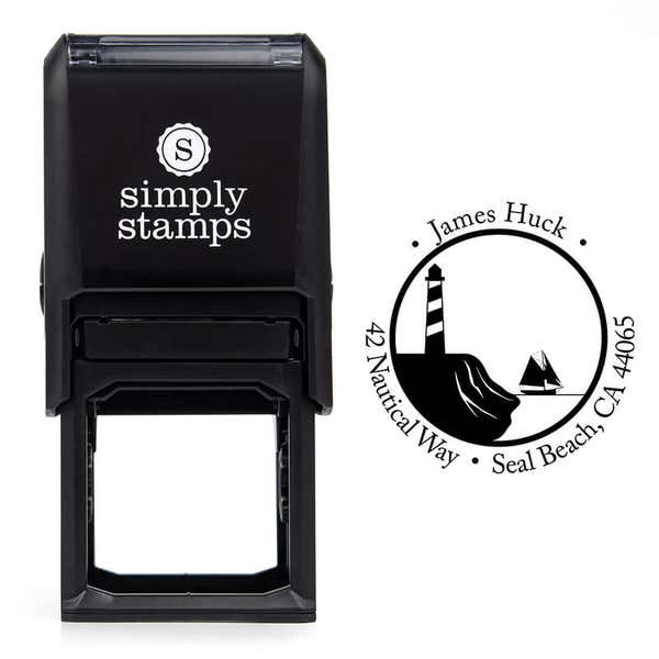 Nautical Lighthouse with Ship Round Address Stamp design over self inking stamp body