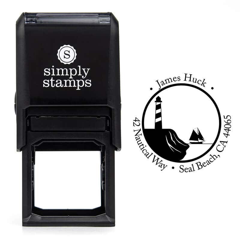 Nautical Lighthouse with Ship Round Address Stamp design over self inking stamp body