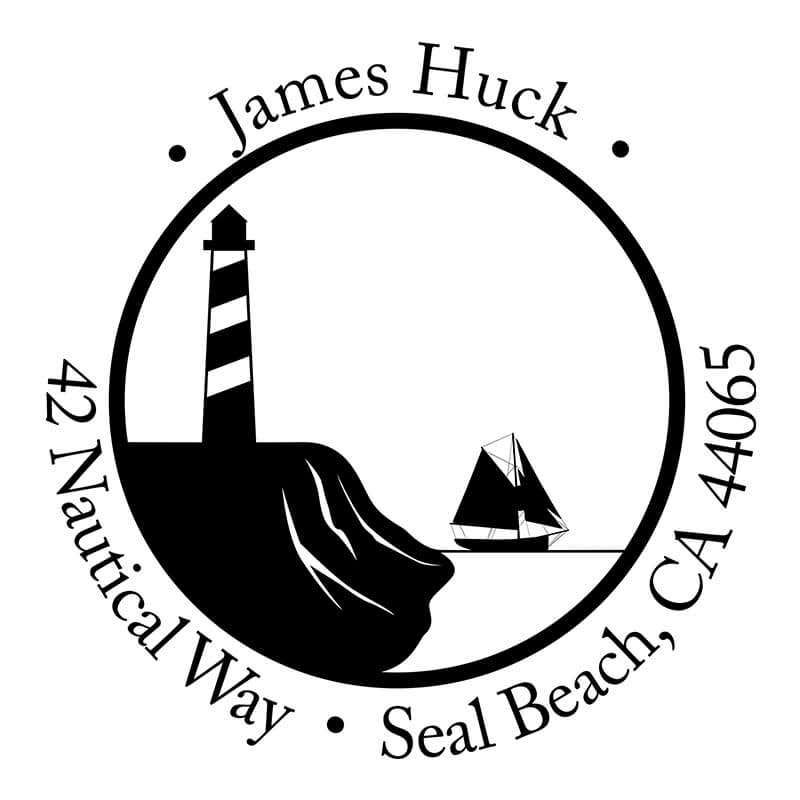 Nautical Lighthouse with Ship Round Address Stamp design on white background