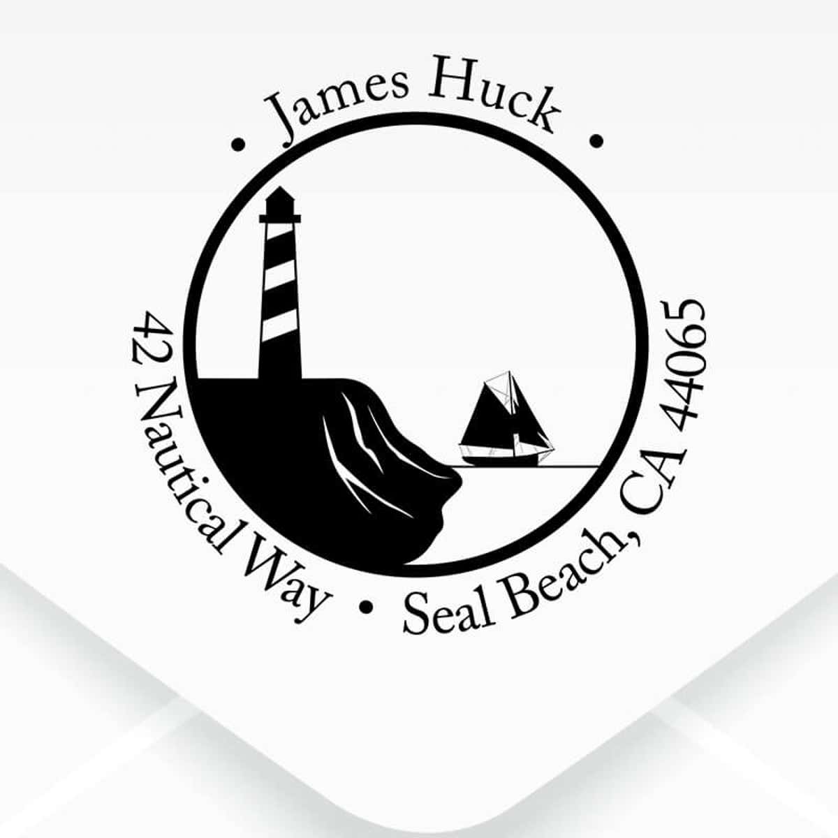 Nautical Lighthouse with Ship Round Address Stamp design close up on an envelope
