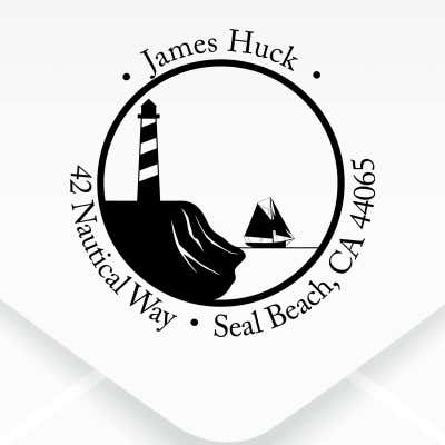 Nautical Lighthouse with Ship Round Address Stamp design close up on an envelope