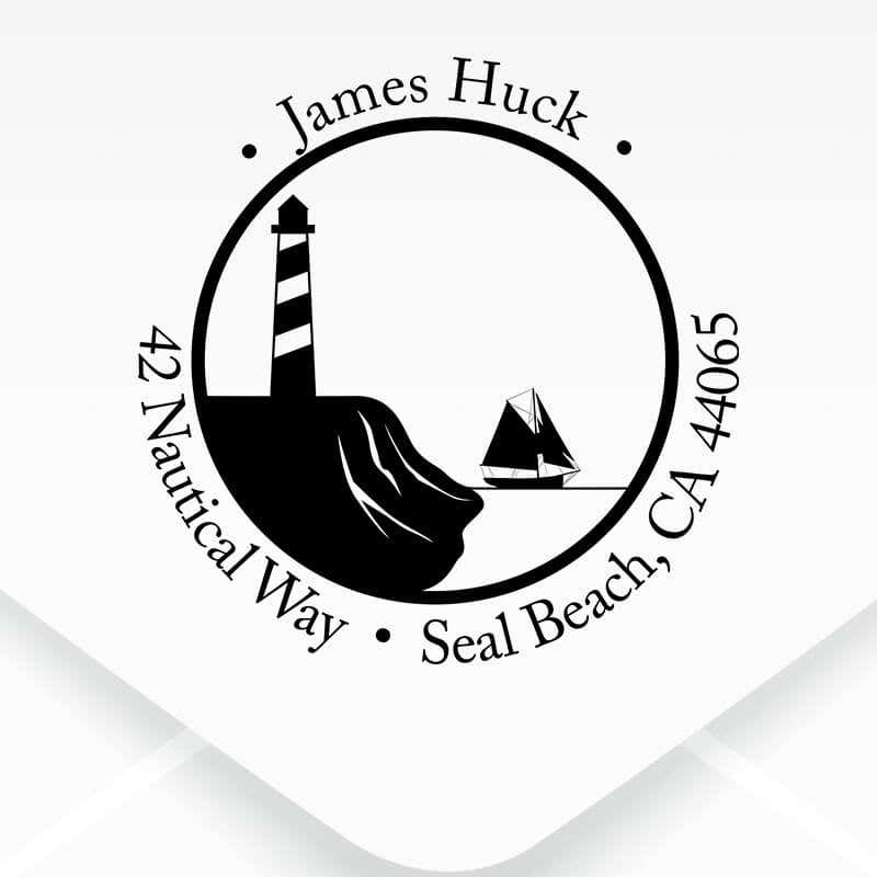 Nautical Lighthouse with Ship Round Address Stamp design close up on an envelope
