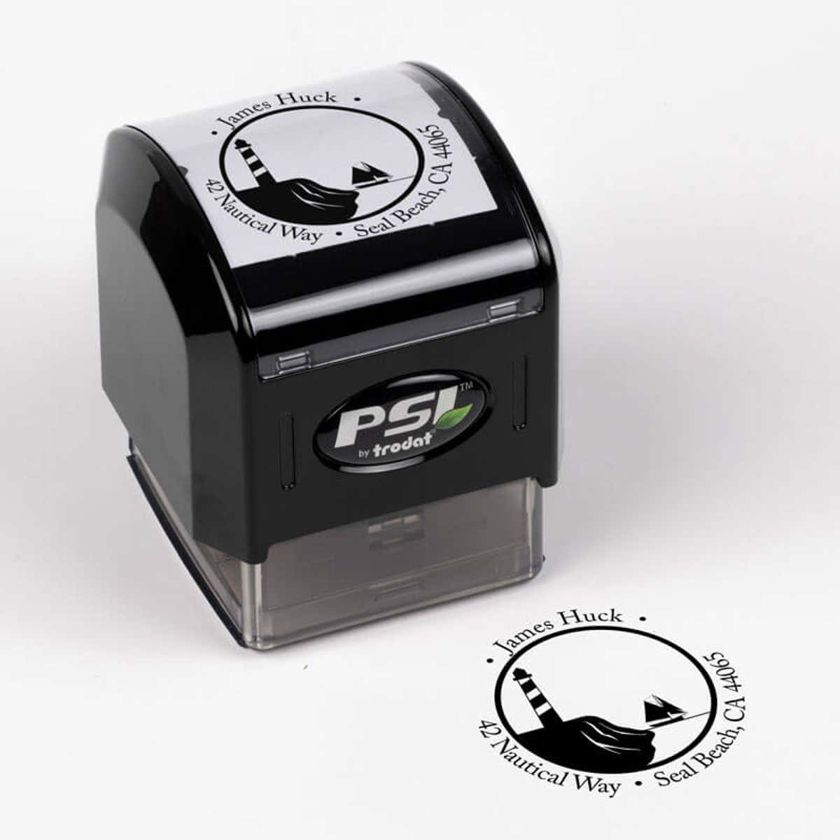 Nautical Lighthouse with Ship Round Address Stamp impression next to pre inked stamp body