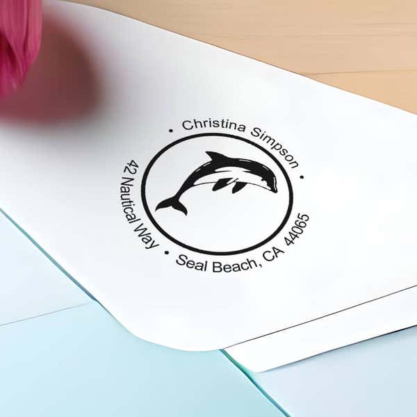 Nautical Dolphin Round Address Stamp impression close up on envelope
