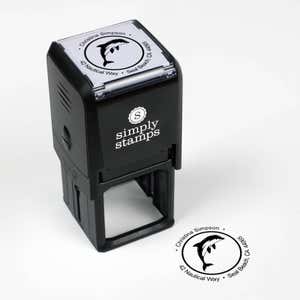 Nautical Dolphin Round Address Stamp impression next to self inking stamp body