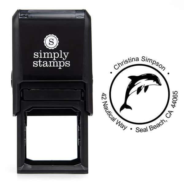 Nautical Dolphin Round Address Stamp design over self inking stamp body